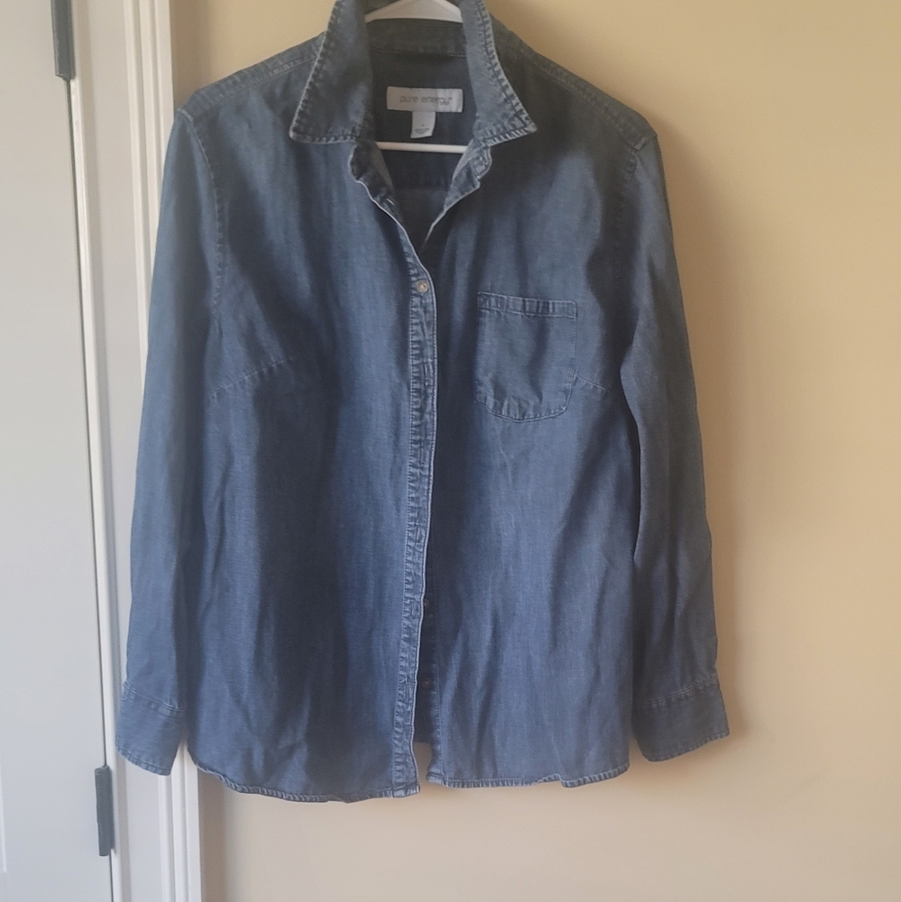 Pure Energy Blue Denim Long Sleeve Shirt Top Blouse Size X